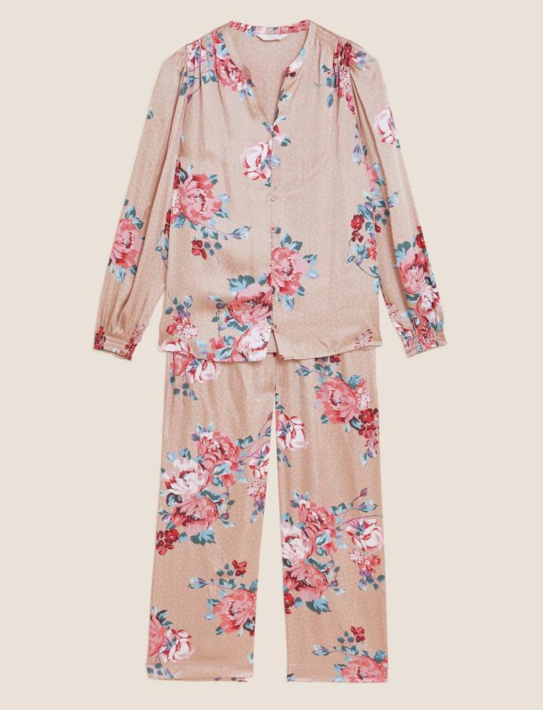 Kadın Pembe Çiçek Desenli Saten Pijama Takımı