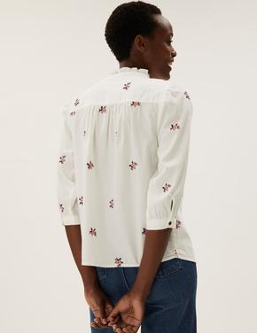 Kadın Beyaz Saf Pamuklu Çiçek Desenli Bluz
