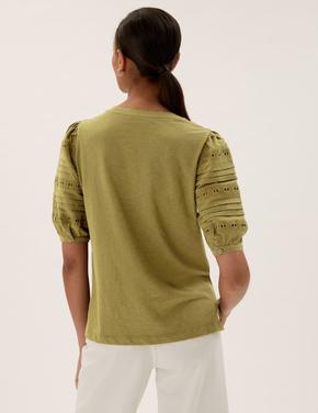 Kadın Yeşil Saf Pamuklu Dantel Detaylı T-Shirt