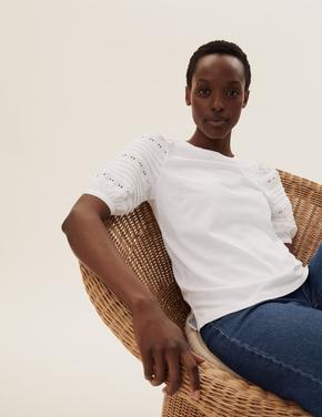 Kadın Beyaz Saf Pamuklu Dantel Detaylı T-Shirt