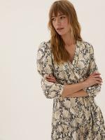 Kadın Bej Desenli V Yaka Midi Elbise