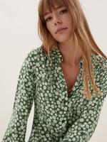 Kadın Yeşil Çiçek Desenli Midi Gömlek Elbise