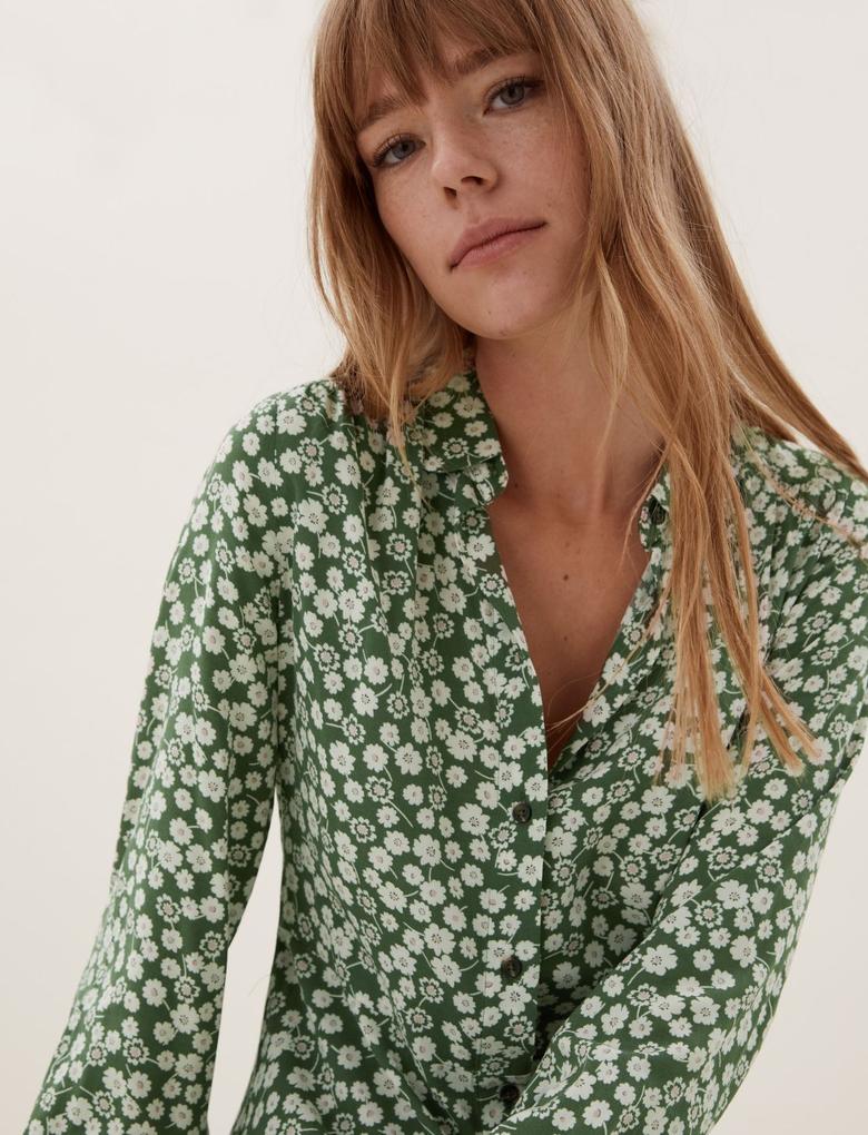 Kadın Yeşil Çiçek Desenli Midi Gömlek Elbise