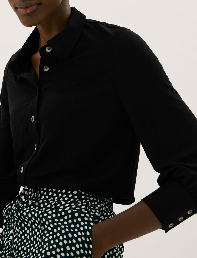 Kadın Siyah Regular Fit Örme Gömlek