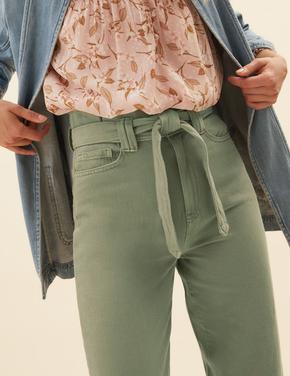 Kadın Yeşil Saf Pamuklu Kuşaklı Tapered Pantolon