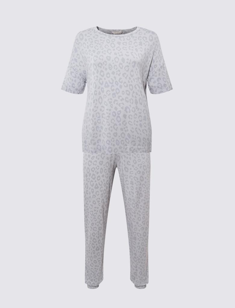 Kadın Gri Leopar Desenli Pijama Takımı