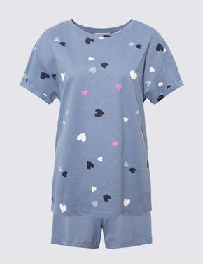 Kadın Mavi Grafik Desenli Şort Pijama Takımı