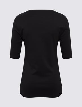 Kadın Siyah Saf Pamuklu V Yaka T-Shirt