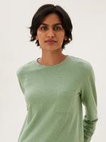 Kadın Yeşil Saf Pamuklu Cep Detaylı T-Shirt