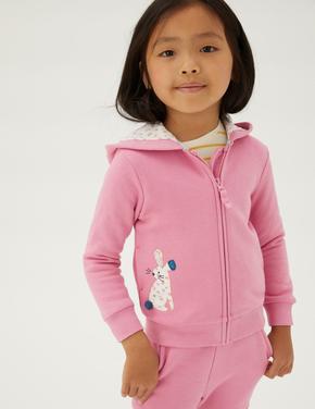 Kız Çocuk Pembe Tavşan Desenli Kapüşonlu Sweatshirt (2-7 Yaş)
