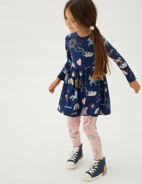 Kız Çocuk Lacivert Saf Pamuklu Unicorn Desenli Elbise (2-7 Yaş)