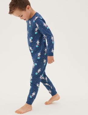 Çocuk Multi Renk Saf Pamuklu 2'li Uzay Desenli Pijama Takımı (1-7 Yaş)