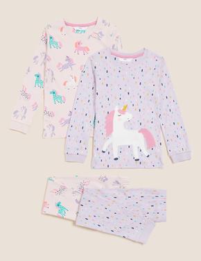 Çocuk Multi Renk Saf Pamuklu 2'li Unicorn Desenli Pijama Takımı (1-7 Yaş)