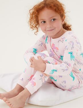 Çocuk Multi Renk Saf Pamuklu 2'li Unicorn Desenli Pijama Takımı (1-7 Yaş)