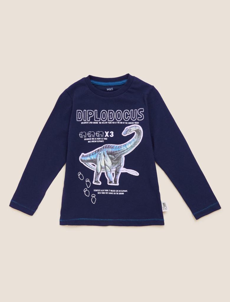 Erkek Çocuk Lacivert Saf Pamuklu NHM™ Dinozor Desenli T-Shirt (2-12 Yaş)