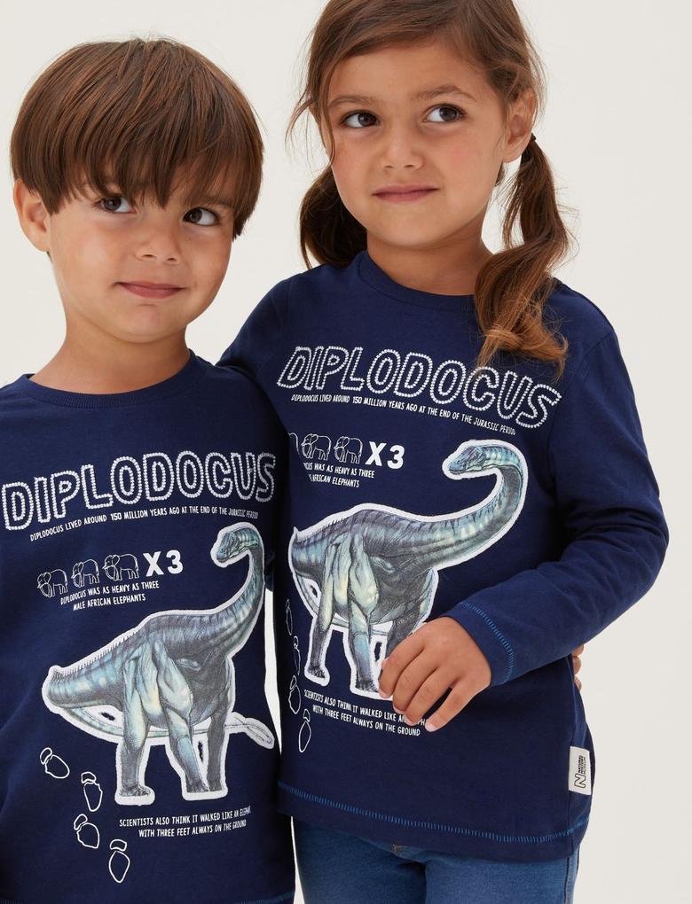 Erkek Çocuk Lacivert Saf Pamuklu NHM™ Dinozor Desenli T-Shirt (2-12 Yaş)