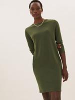 Kadın Yeşil Saf Pamuklu Uzun Kollu Mini T-Shirt Elbise