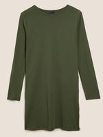 Kadın Yeşil Saf Pamuklu Uzun Kollu Mini T-Shirt Elbise