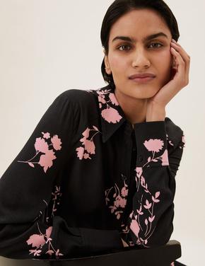 Kadın Siyah Çiçek Desenli Midi Gömlek Elbise