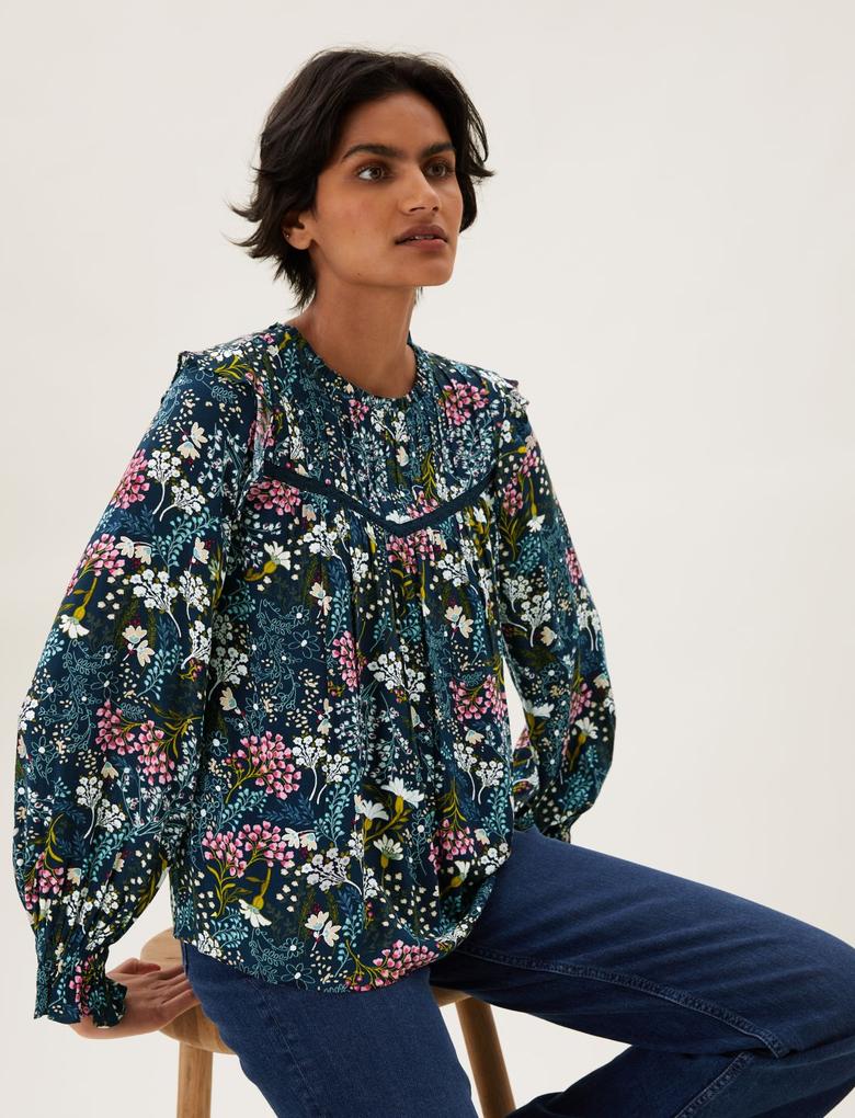 Kadın Multi Renk Çiçek Desenli Uzun Kollu Bluz