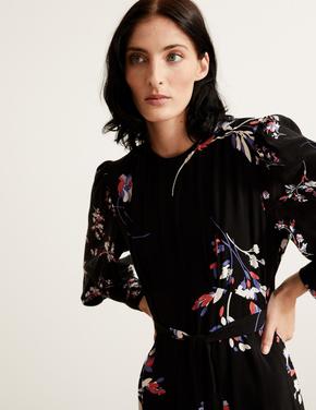 Kadın Siyah Çiçek Desenli Maxi Elbise