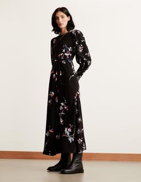 Kadın Siyah Çiçek Desenli Maxi Elbise