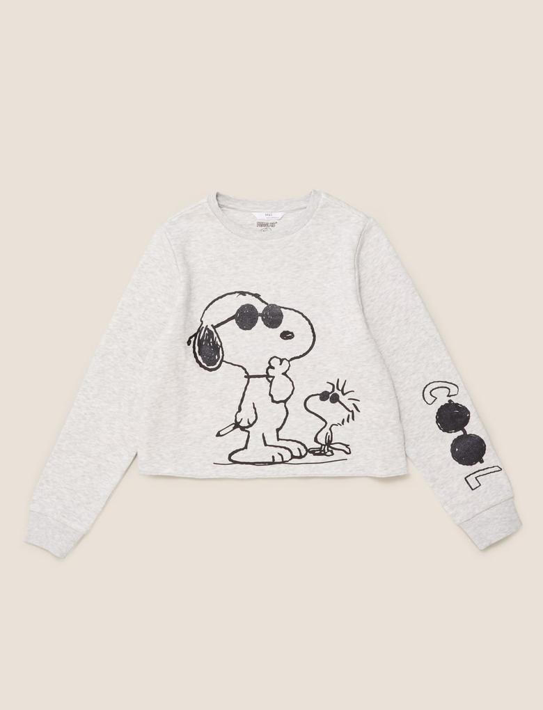 Kız Çocuk Gri Snoopy™ Yuvarlak Yaka Sweatshirt (6-14 Yaş)