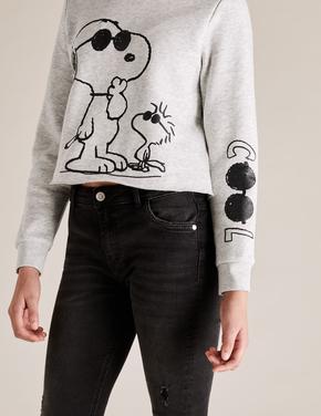 Kız Çocuk Gri Snoopy™ Yuvarlak Yaka Sweatshirt (6-14 Yaş)