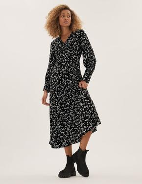 Kadın Siyah Çiçek Desenli V Yaka Midi Elbise