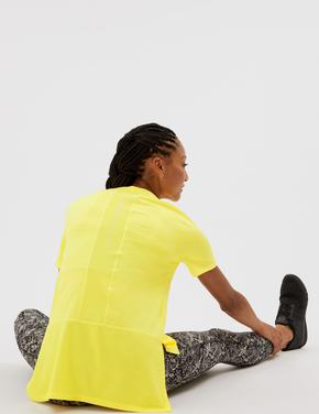 Kadın Sarı File Detaylı Kısa Kollu T-Shirt