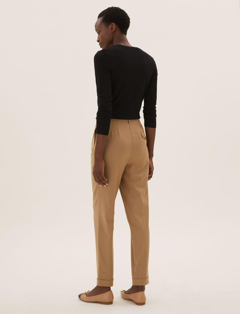 Kadın Kahverengi Pileli Tapered Ankle Grazer Pantolon