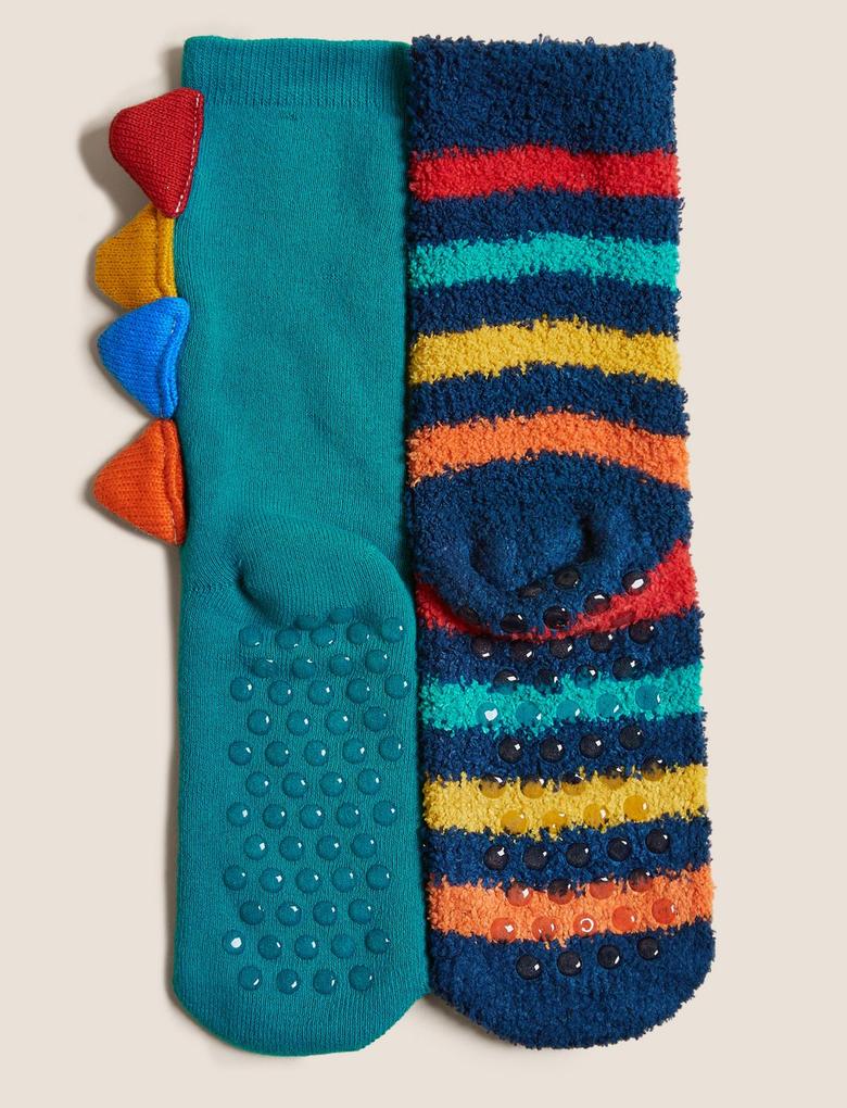 Çocuk Multi Renk 2'li Dinozor Desenli Çorap