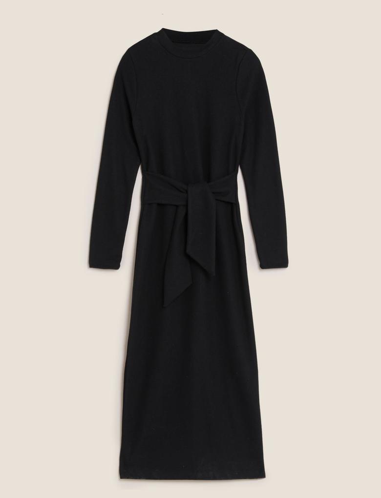 Kadın Siyah Kuşak Detaylı Midi Elbise