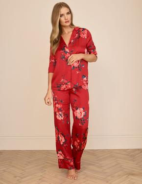 Kadın Kırmızı Çiçek Desenli Saten Pijama Takımı