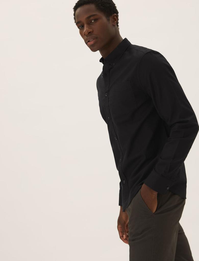 Erkek Siyah Saf Pamuklu Oxford Gömlek