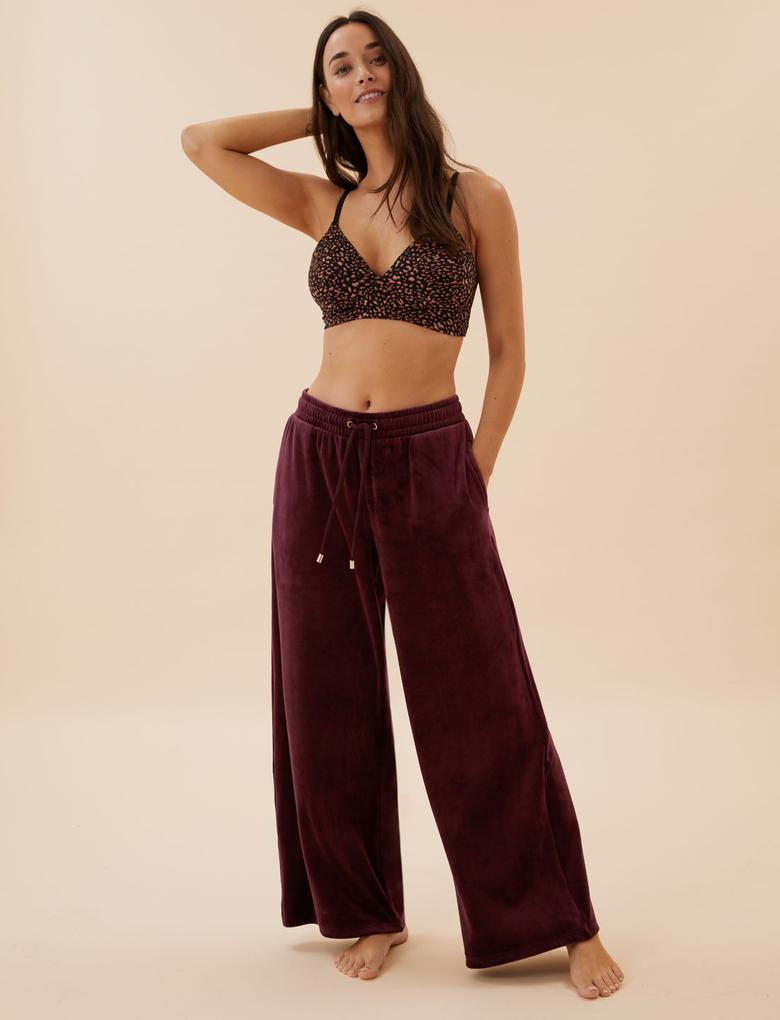 Kadın Bordo Flexifit™ Geniş Paça Kadife Pijama Altı