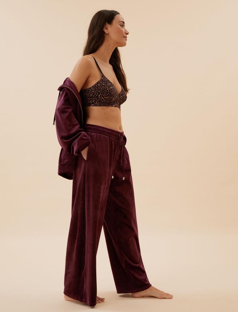 Kadın Bordo Flexifit™ Geniş Paça Kadife Pijama Altı