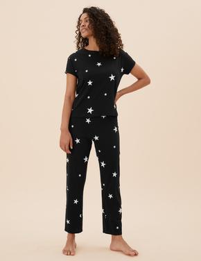 Kadın Siyah Saf Pamuklu Yıldız Desenli Pijama Takımı