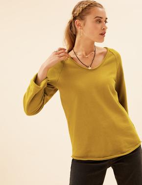 Kadın Sarı Saf Pamuklu V Yaka Sweatshirt