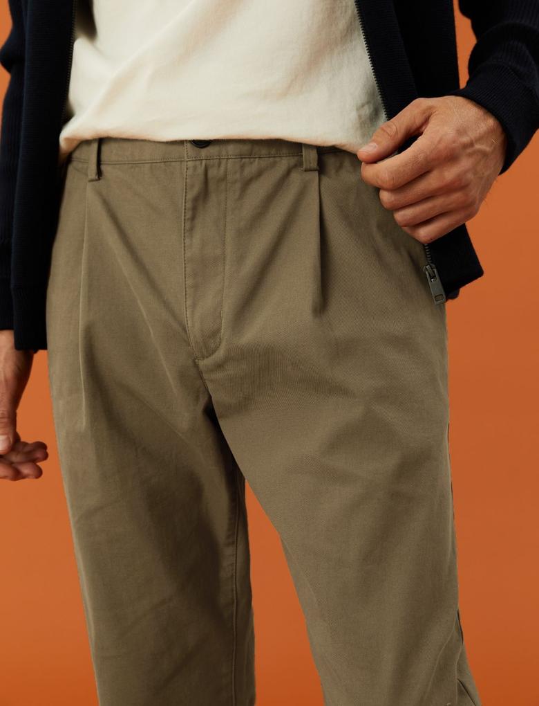 Erkek Kahverengi Saf Pamuklu Regular Fit Chino Pantolon