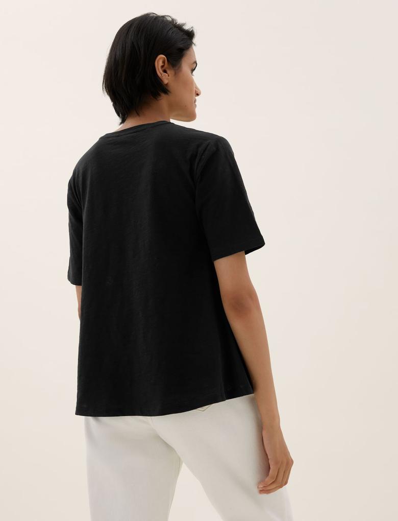 Kadın Siyah Saf Pamuklu Dantel Detaylı T-Shirt