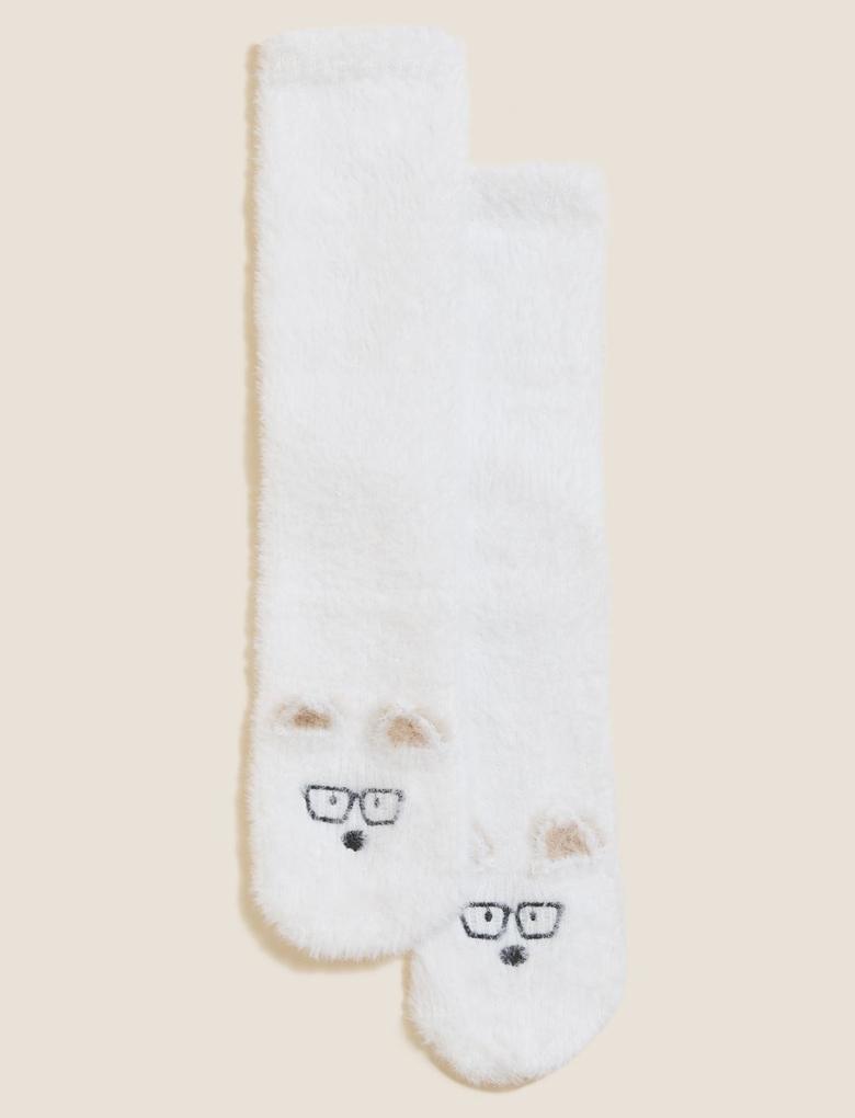 Kadın Beyaz Köpek Desenli Cosy Çorap
