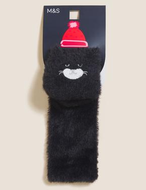 Kadın Siyah Kedi Desenli Cosy Çorap