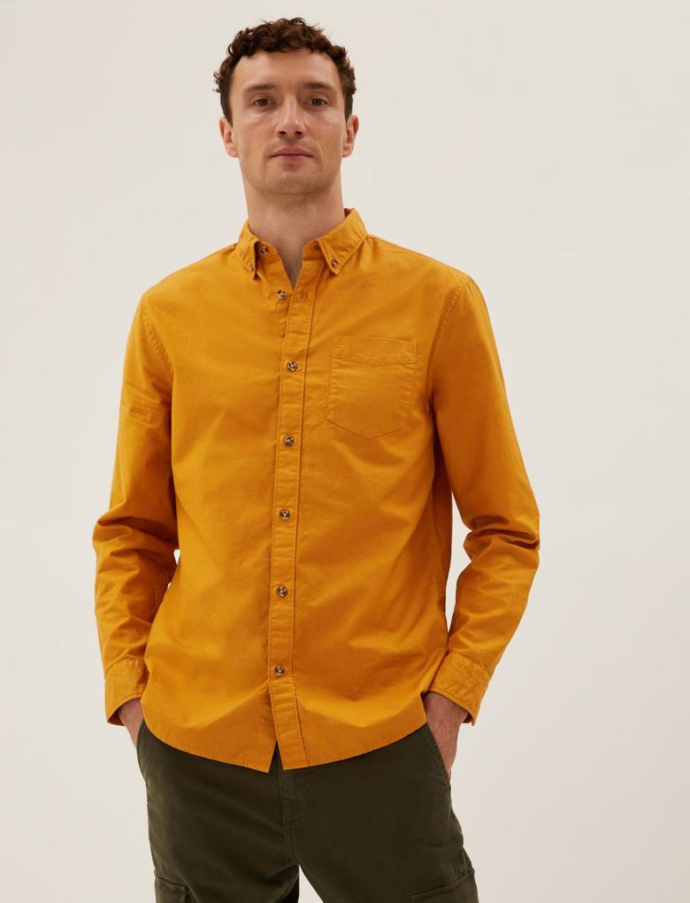 Erkek Sarı Saf Pamuklu Oxford Gömlek