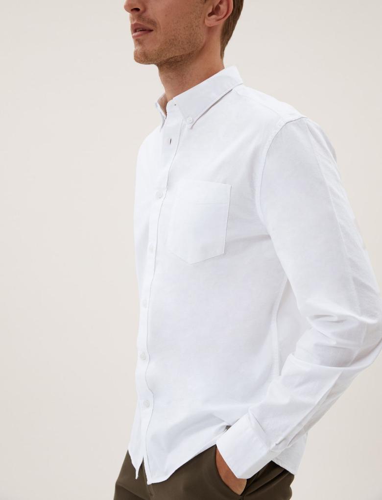 Erkek Beyaz Saf Pamuklu Uzun Kollu Oxford Gömlek