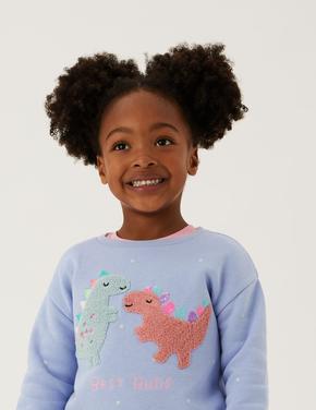 Kız Çocuk Mavi Dinozor Desenli Yuvarlak Yaka Sweatshirt (2-7 Yaş)