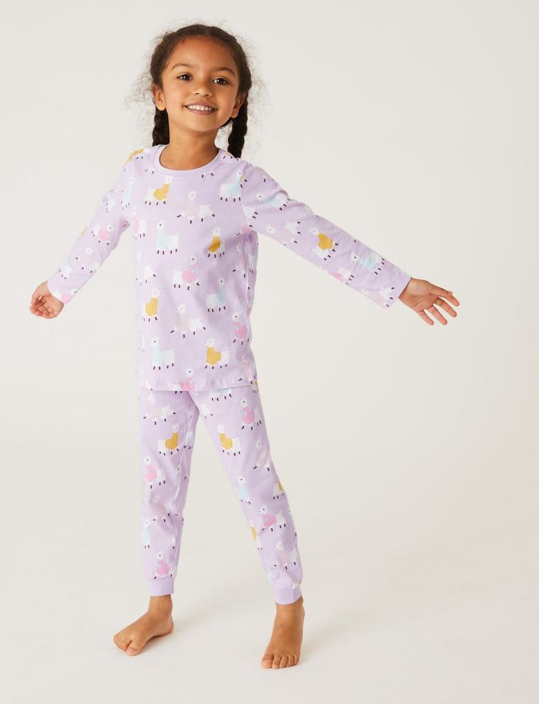 Çocuk Mor Saf Pamuklu Grafik Desenli Pijama Takımı (1-7 Yaş)