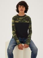 Erkek Çocuk Siyah Saf Pamuklu Kamuflaj Desenli T-Shirt (6-16 Yaş)