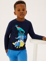 Erkek Çocuk Lacivert Saf Pamuklu Dinozor Desenli T-Shirt (2-7 Yaş)
