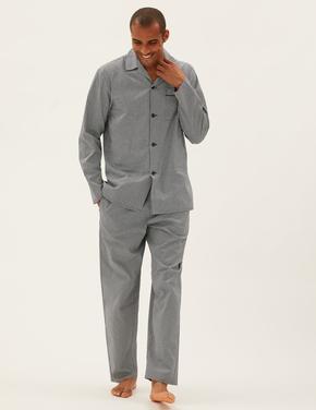 Erkek Siyah Saf Pamuklu Geometrik Desenli Pijama Takımı